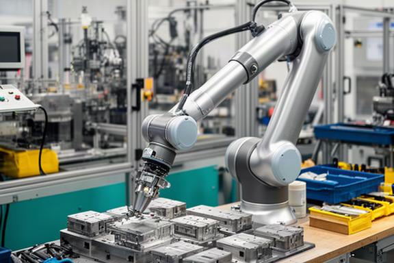 Kollaborativer Roboter bei der Präzisionsmontage in einem KMU-Fertigungsbetrieb in der Ostschweiz, integriert in eine bestehende Produktionslinie mit Werkstücken aus Metall