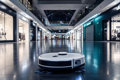 Autonomer Reinigungsroboter auf einer grossen Fläche in einem Schweizer Einkaufszentrum bei Nacht