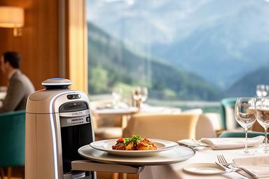 Kompakter Servierroboter liefert Speisen an einen Tisch in einem Schweizer Hotelrestaurant mit Alpenblick